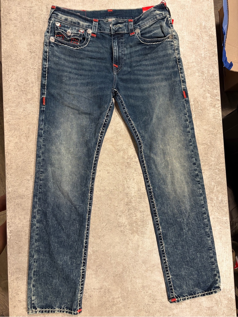 True Religion Men's Blue Denim Jeans with Red Stitch Accents